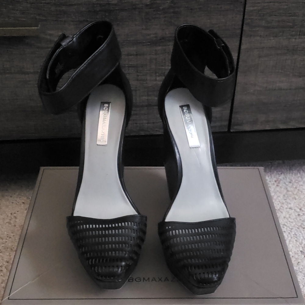 Black leather wedges